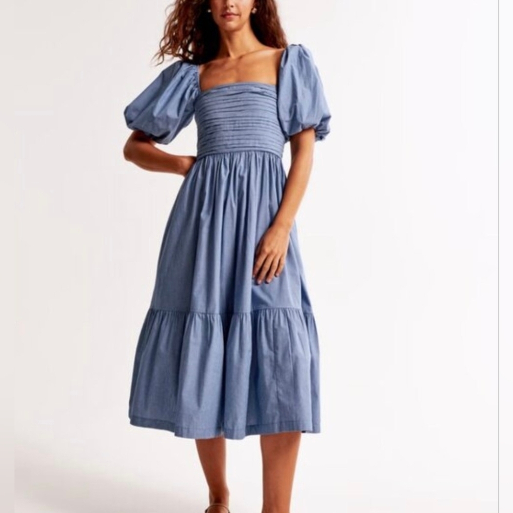 Abercrombie & Fitch Emerson Poplin Puff Sleeve Midi Dress Blue Striped MP NWOT